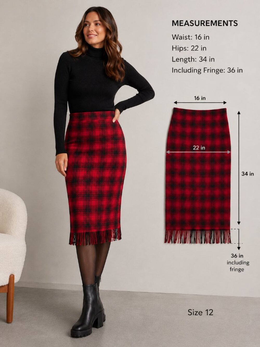 Woolrich Vintage Red Plaid Wool Preppy Long Pencil Skirt Fringe Hem Size 12